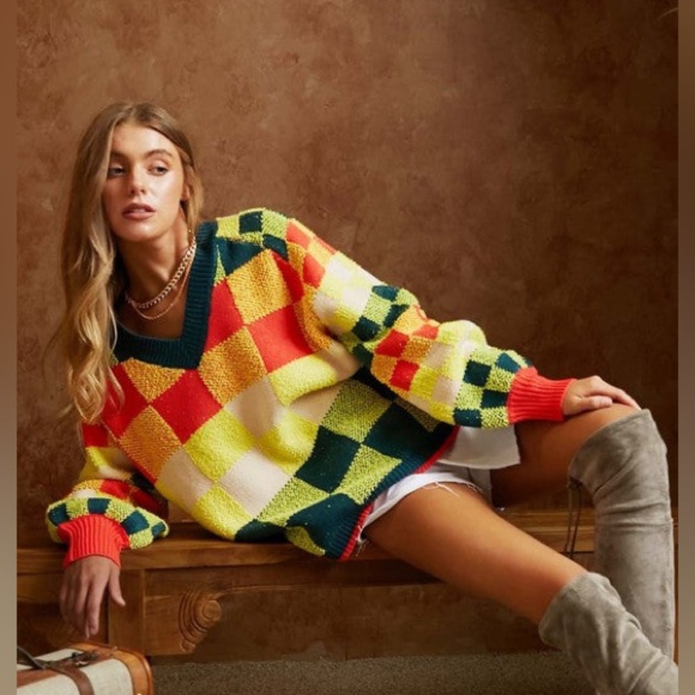 David & Dani Orange/Neon V Neck Plaid Cropped Sweater
